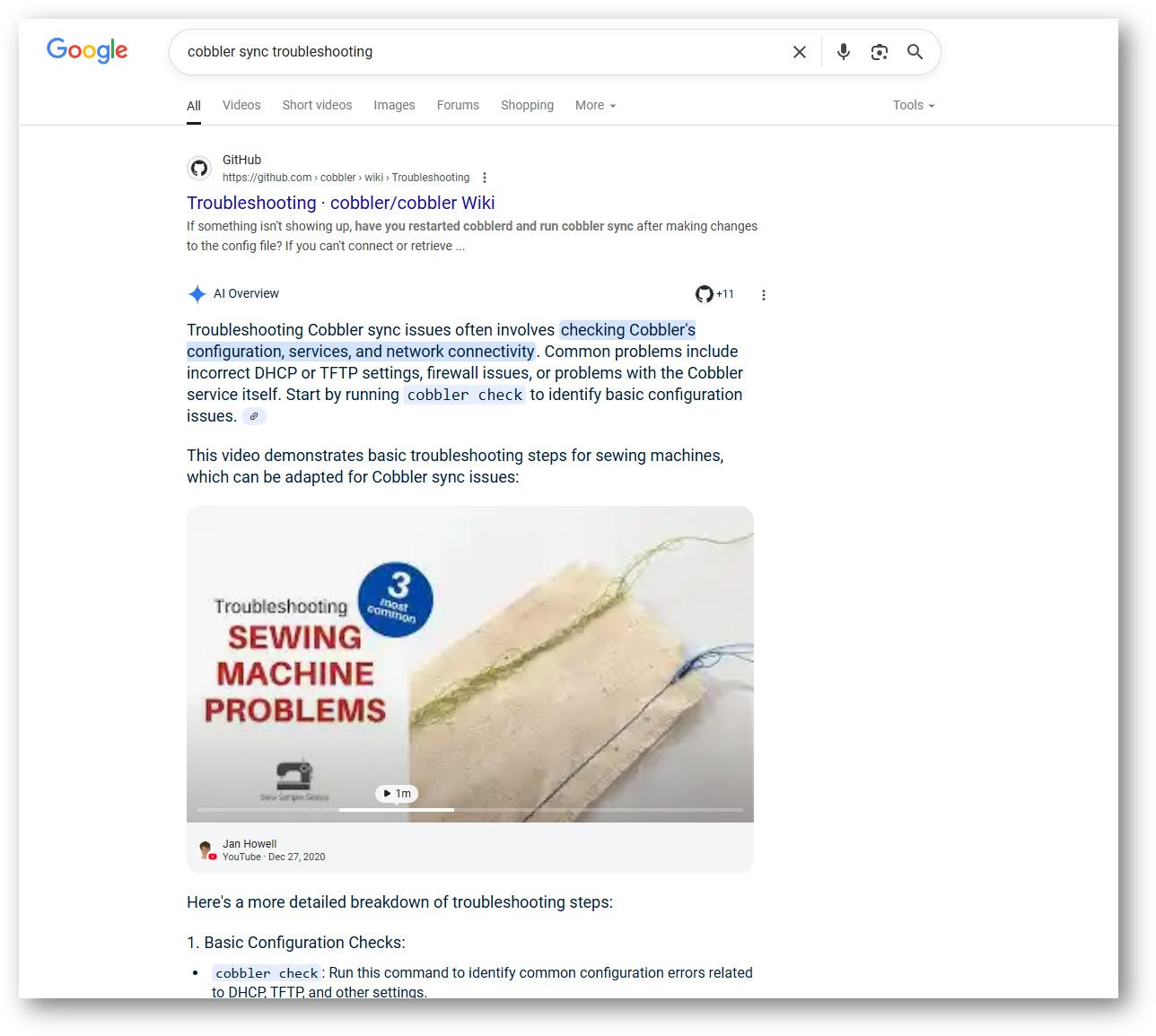 Google Search - AI Overview suggesting a sewing machine video for troubleshooting a software issue.
