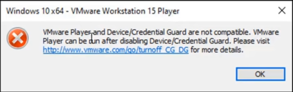 Windows 10 x64 - VMware Workstation 15 Player error