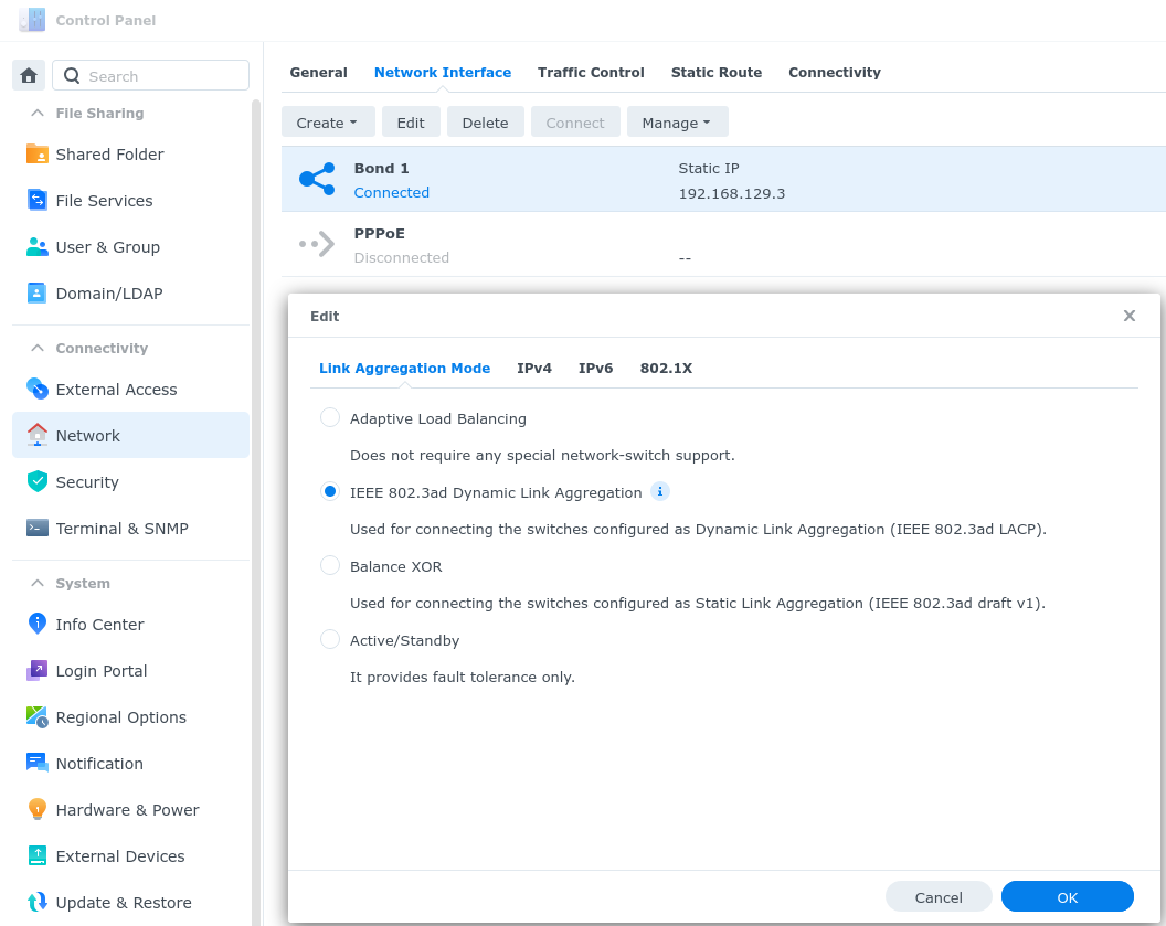 Scrneen shot of the Synology NAS "Control Panel", "Network", "Network Interface" menu.